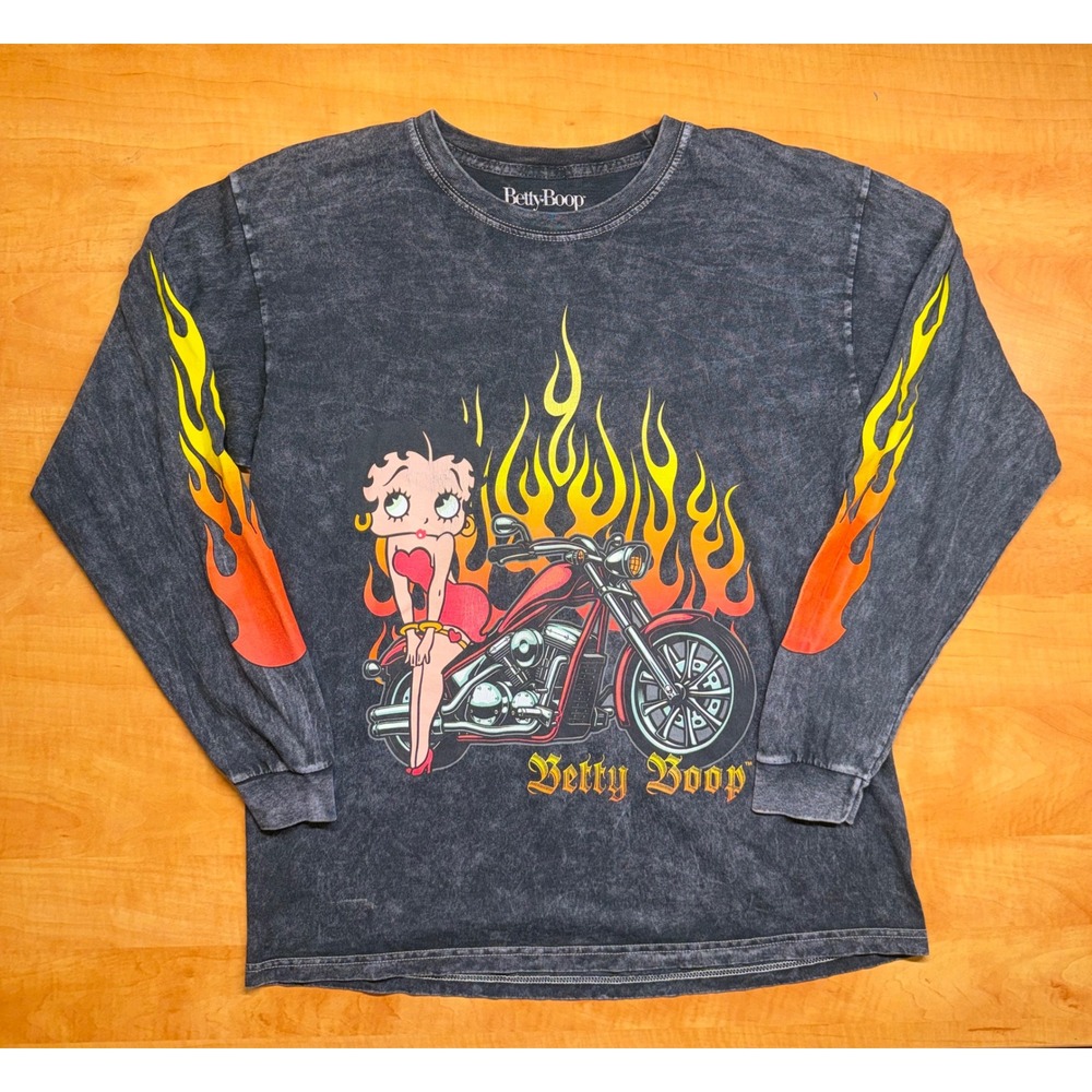Betty Boop Motorcycle Flame Graphic Long Sleeve Shirt Mineral Wash Grey Large